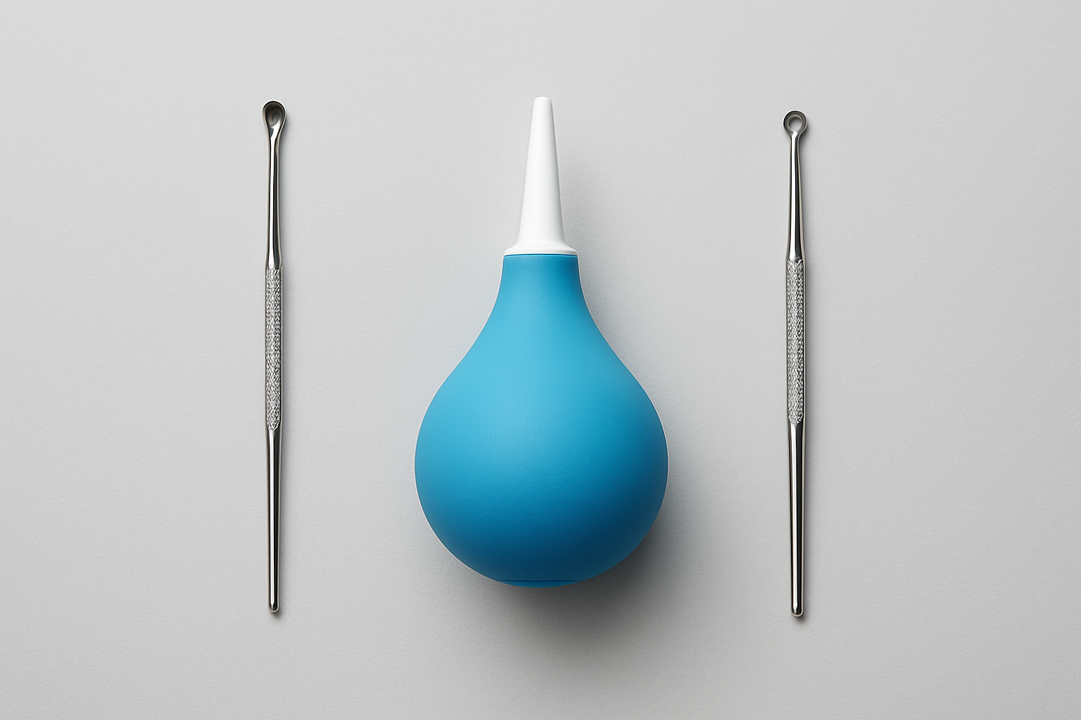 Blue ear syringe and metal ear cleaning tools on a gray surface