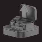 3D rendering of a briefcase with stacks of papers and an upward arrow