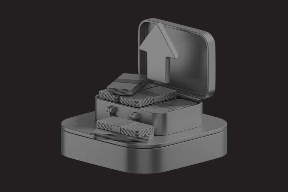 3D rendering of a briefcase with stacks of papers and an upward arrow