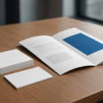 Close-up of business materials including a stack of cards and an open brochure on a wooden table
