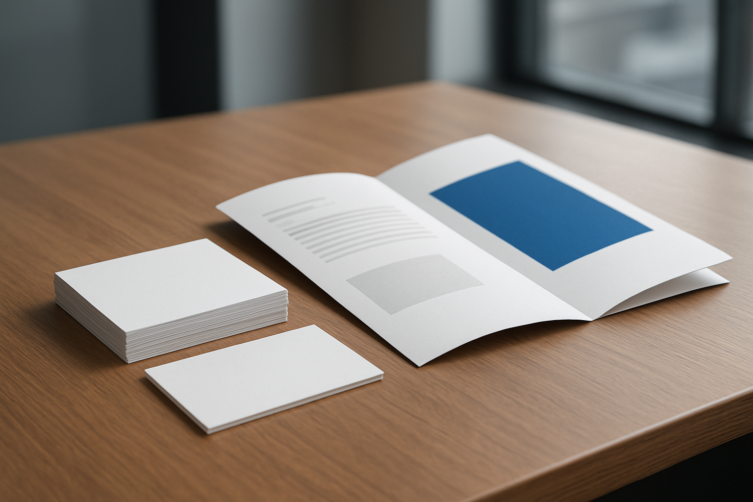 Close-up of business materials including a stack of cards and an open brochure on a wooden table